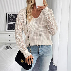 2025 spring new elegant women's solid color V - neck lace splicing long - sleeved T-shirt top women - Negative Apparel