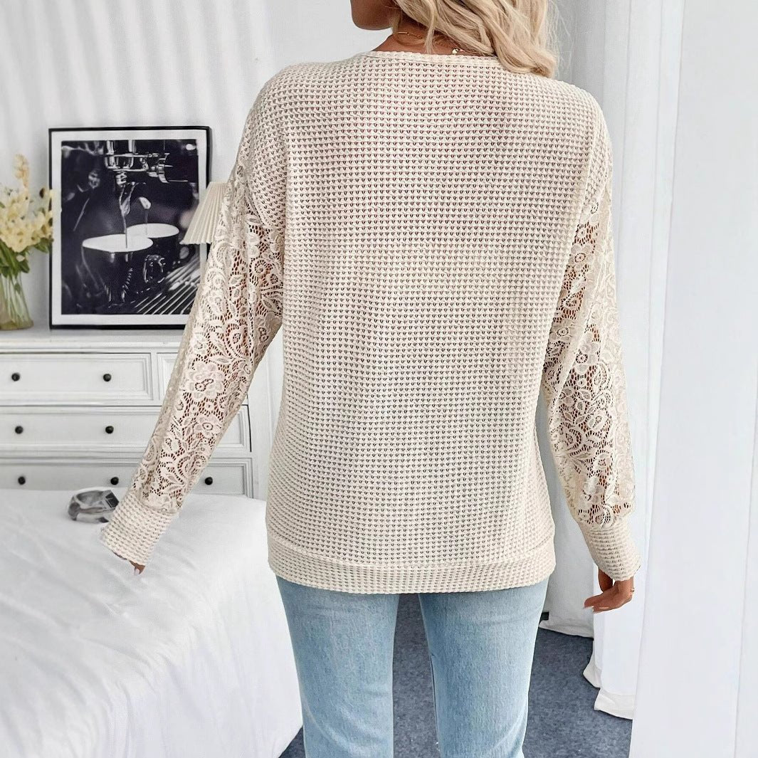 2025 spring new elegant women's solid color V - neck lace splicing long - sleeved T-shirt top women - Negative Apparel