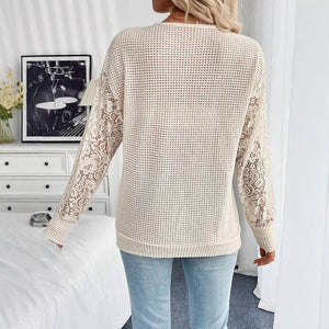 2025 spring new elegant women's solid color V - neck lace splicing long - sleeved T-shirt top women - Negative Apparel