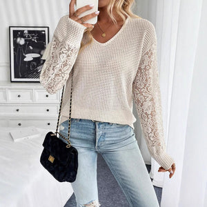 2025 spring new elegant women's solid color V - neck lace splicing long - sleeved T-shirt top women - Negative Apparel