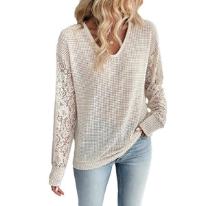 2025 spring new elegant women's solid color V - neck lace splicing long - sleeved T-shirt top women - Negative Apparel