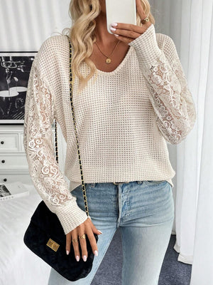 2025 spring new elegant women's solid color V - neck lace splicing long - sleeved T-shirt top women - Negative Apparel