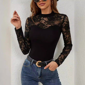 2025 spring new fashion lace splicing long - sleeved small stand - up collar pullover bottom T-shirt top women - Negative Apparel