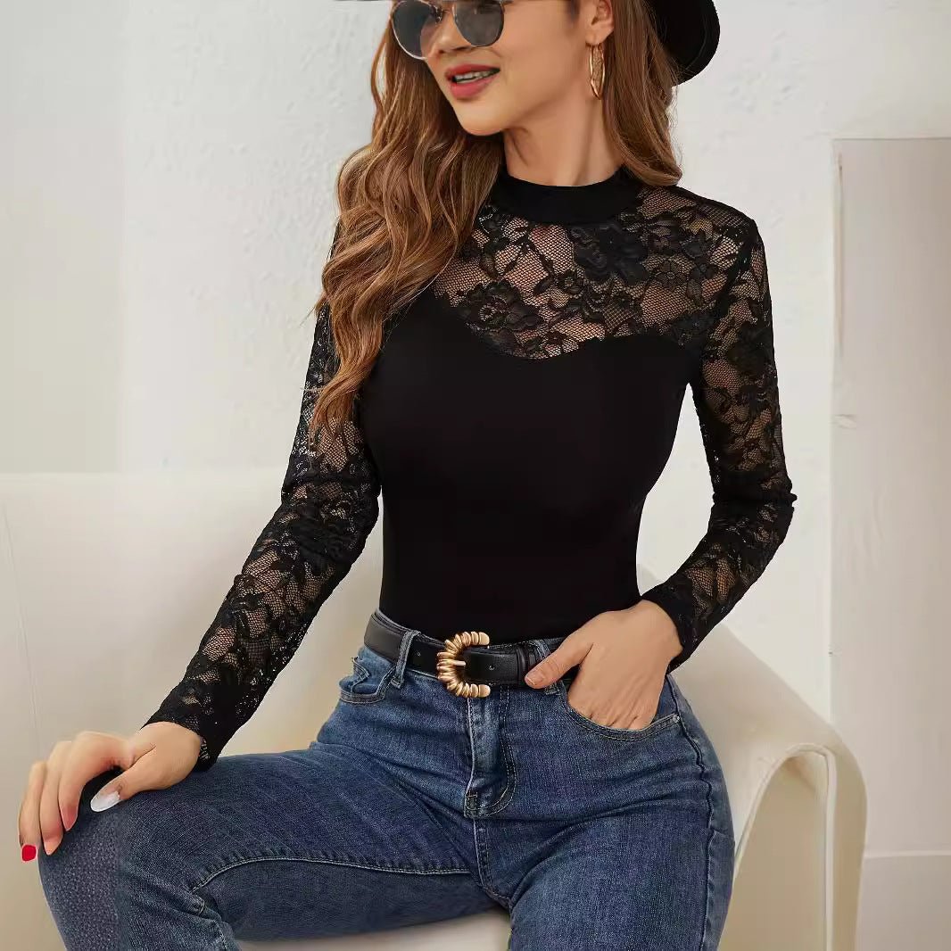 2025 spring new fashion lace splicing long - sleeved small stand - up collar pullover bottom T-shirt top women - Negative Apparel