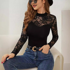 2025 spring new fashion lace splicing long - sleeved small stand - up collar pullover bottom T-shirt top women - Negative Apparel