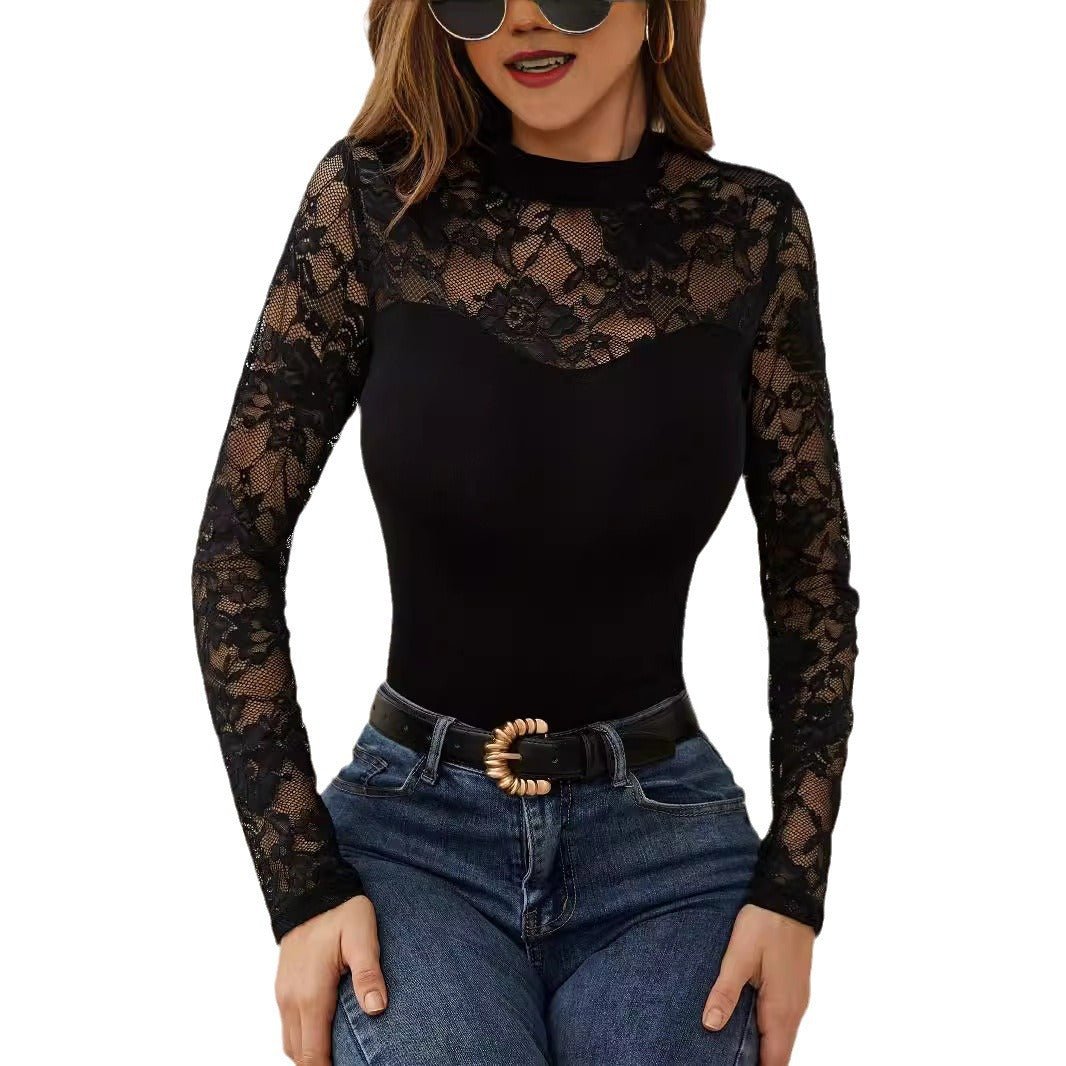 2025 spring new fashion lace splicing long - sleeved small stand - up collar pullover bottom T-shirt top women - Negative Apparel