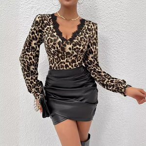 2025 spring new leopard print lace splicing collar pleated T-shirt top women - Negative Apparel