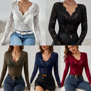 2025 spring new sexy single - layer floral lace fan - shaped decorative bottoming blouse tops for women - Negative Apparel