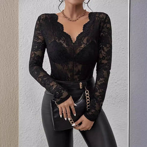 2025 spring new sexy single - layer floral lace fan - shaped decorative bottoming blouse tops for women - Negative Apparel
