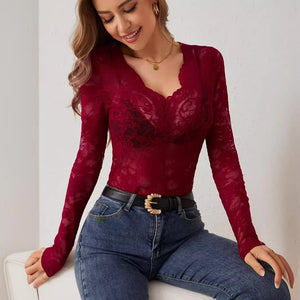 2025 spring new sexy single - layer floral lace fan - shaped decorative bottoming blouse tops for women - Negative Apparel