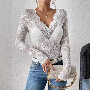 2025 spring new sexy single - layer floral lace fan - shaped decorative bottoming blouse tops for women - Negative Apparel