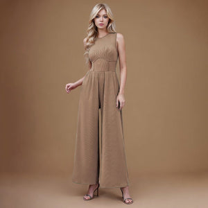 2025 spring new solid color slim high waist sleeveless wide leg jumpsuit - Negative Apparel