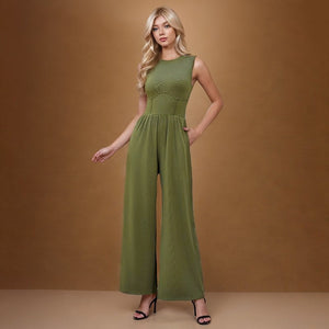 2025 spring new solid color slim high waist sleeveless wide leg jumpsuit - Negative Apparel