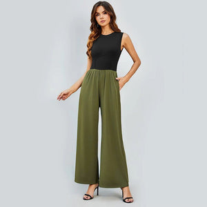 2025 spring new solid color slim high waist sleeveless wide leg jumpsuit - Negative Apparel