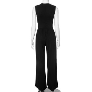 2025 spring new solid color slim high waist sleeveless wide leg jumpsuit - Negative Apparel