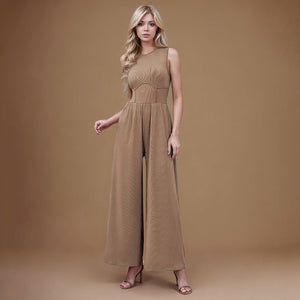 2025 spring new solid color slim high waist sleeveless wide leg jumpsuit - Negative Apparel