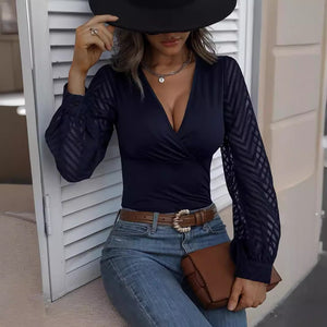 2025 spring new women's chiffon splicing solid color knitted deep v long - sleeved top - Negative Apparel