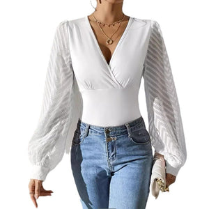 2025 spring new women's chiffon splicing solid color knitted deep v long - sleeved top - Negative Apparel