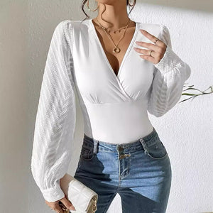 2025 spring new women's chiffon splicing solid color knitted deep v long - sleeved top - Negative Apparel