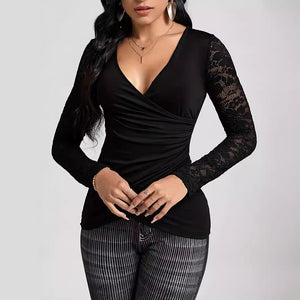 2025 spring solid color cross - stitching lace sleeves new long - sleeved T-shirt slim - fitting and thin top women - Negative Apparel