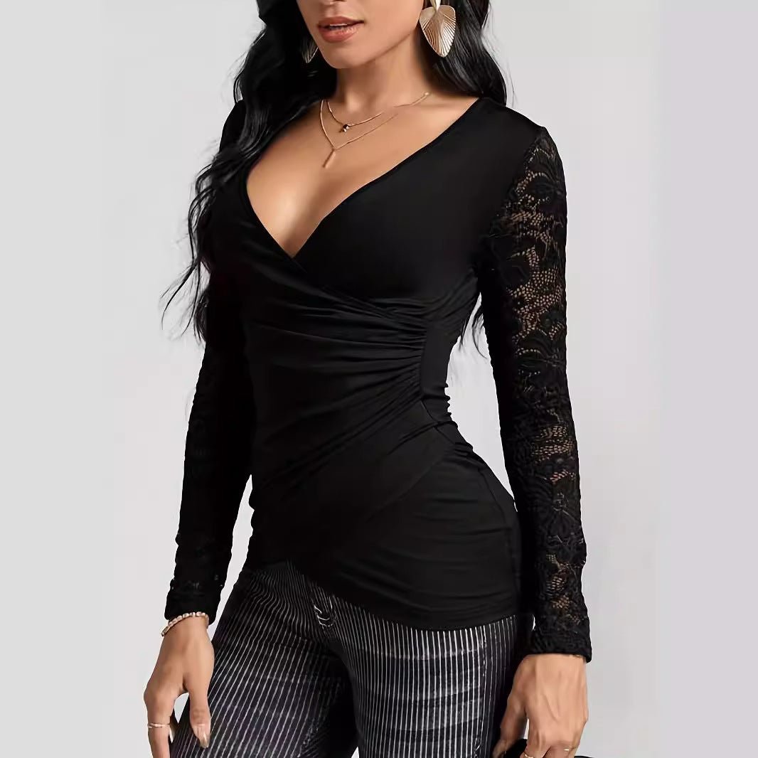 2025 spring solid color cross - stitching lace sleeves new long - sleeved T-shirt slim - fitting and thin top women - Negative Apparel