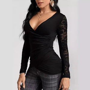 2025 spring solid color cross - stitching lace sleeves new long - sleeved T-shirt slim - fitting and thin top women - Negative Apparel