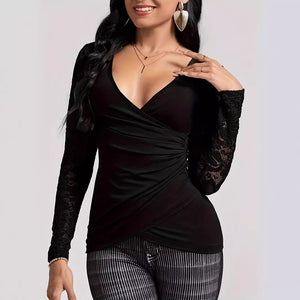 2025 spring solid color cross - stitching lace sleeves new long - sleeved T-shirt slim - fitting and thin top women - Negative Apparel