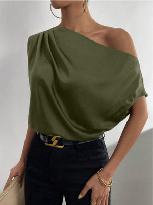 2025 Spring solid color satin imitation silk irregular oblique shoulder one - shoulder pullover sleeveless shirt - Negative Apparel