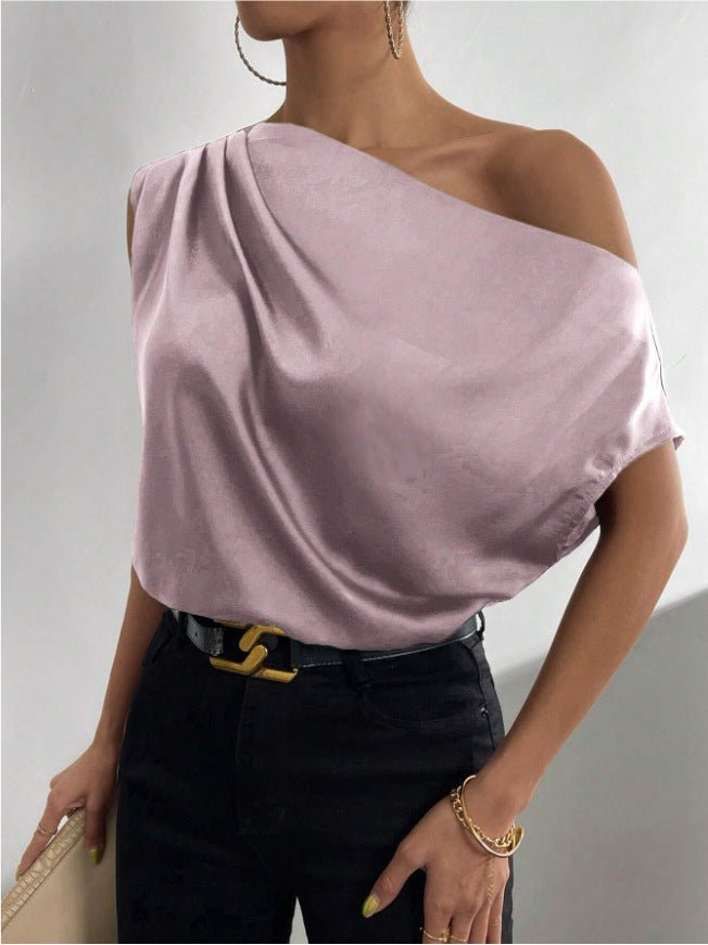 2025 Spring solid color satin imitation silk irregular oblique shoulder one - shoulder pullover sleeveless shirt - Negative Apparel