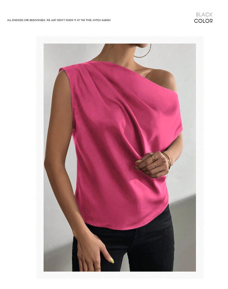 2025 Spring solid color satin imitation silk irregular oblique shoulder one - shoulder pullover sleeveless shirt - Negative Apparel