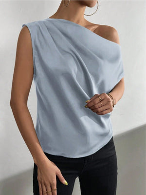 2025 Spring solid color satin imitation silk irregular oblique shoulder one - shoulder pullover sleeveless shirt - Negative Apparel
