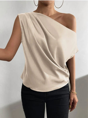 2025 Spring solid color satin imitation silk irregular oblique shoulder one - shoulder pullover sleeveless shirt - Negative Apparel