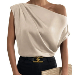 2025 Spring solid color satin imitation silk irregular oblique shoulder one - shoulder pullover sleeveless shirt - Negative Apparel