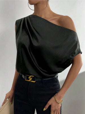 2025 Spring solid color satin imitation silk irregular oblique shoulder one - shoulder pullover sleeveless shirt - Negative Apparel