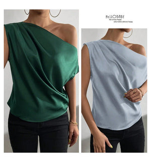 2025 Spring solid color satin imitation silk irregular oblique shoulder one - shoulder pullover sleeveless shirt - Negative Apparel
