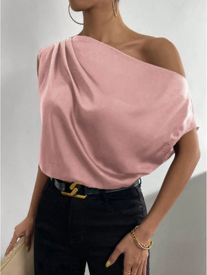 2025 Spring solid color satin imitation silk irregular oblique shoulder one - shoulder pullover sleeveless shirt - Negative Apparel