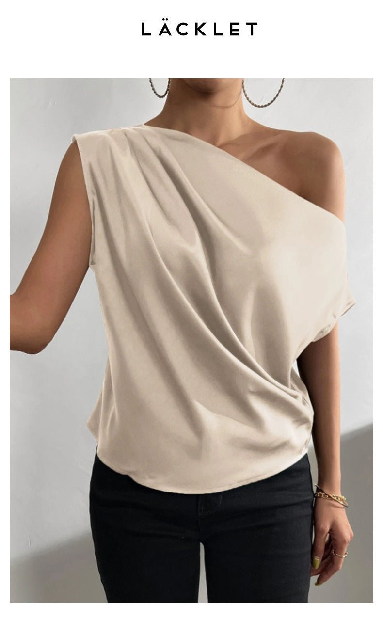 2025 Spring solid color satin imitation silk irregular oblique shoulder one - shoulder pullover sleeveless shirt - Negative Apparel