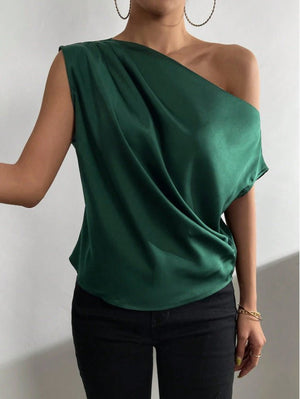 2025 Spring solid color satin imitation silk irregular oblique shoulder one - shoulder pullover sleeveless shirt - Negative Apparel