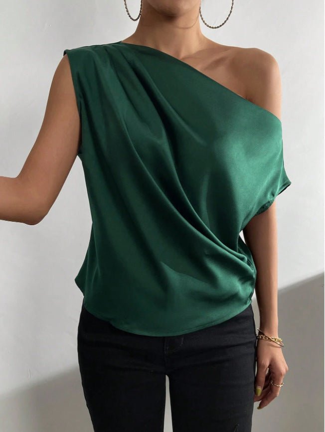 2025 Spring solid color satin imitation silk irregular oblique shoulder one - shoulder pullover sleeveless shirt - Negative Apparel