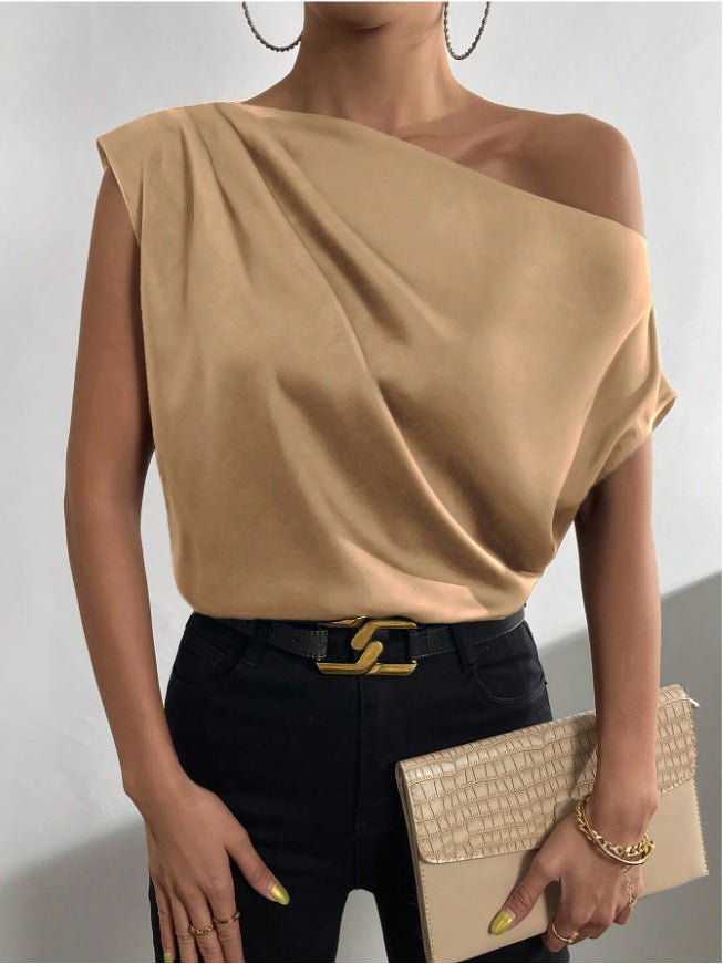 2025 Spring solid color satin imitation silk irregular oblique shoulder one - shoulder pullover sleeveless shirt - Negative Apparel