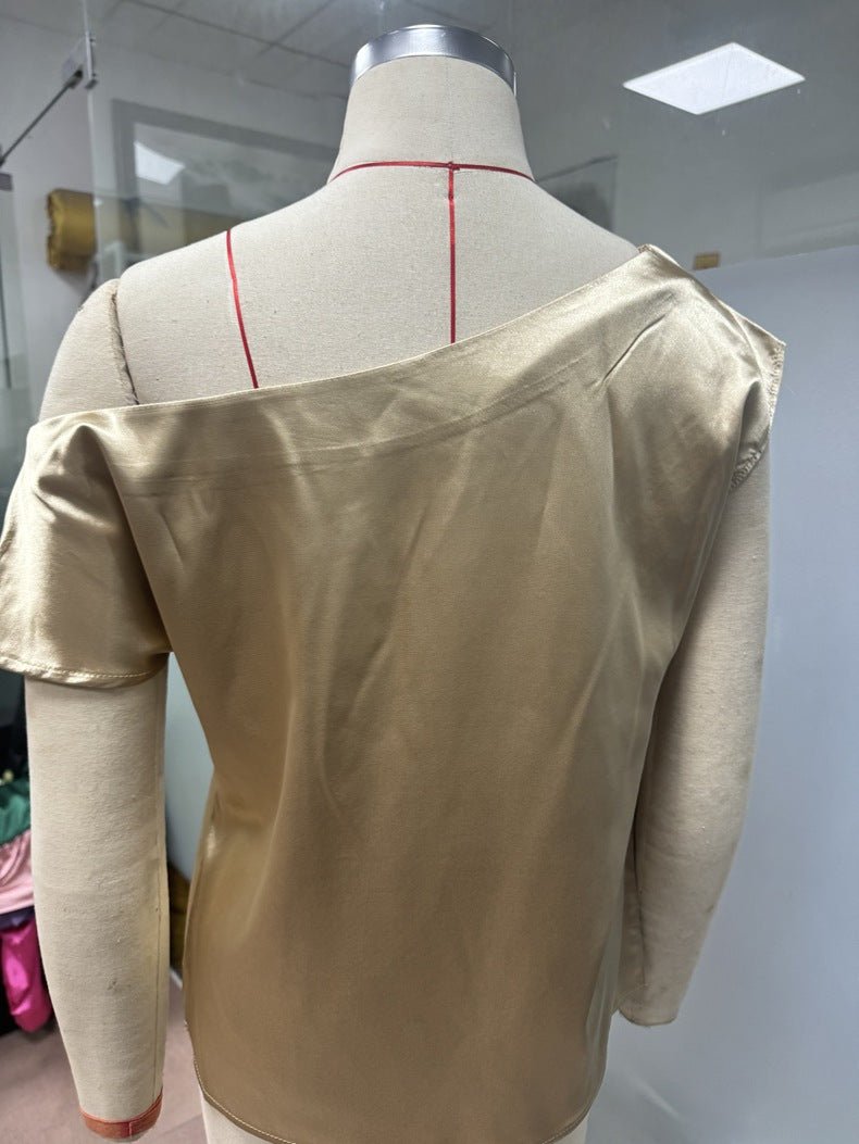 2025 Spring solid color satin imitation silk irregular oblique shoulder one - shoulder pullover sleeveless shirt - Negative Apparel