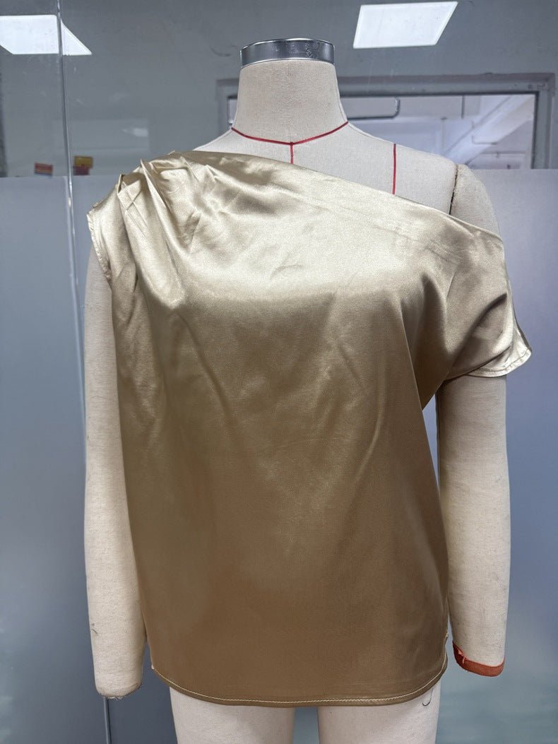 2025 Spring solid color satin imitation silk irregular oblique shoulder one - shoulder pullover sleeveless shirt - Negative Apparel