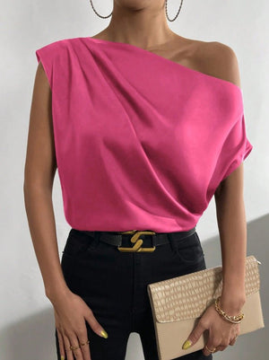 2025 Spring solid color satin imitation silk irregular oblique shoulder one - shoulder pullover sleeveless shirt - Negative Apparel