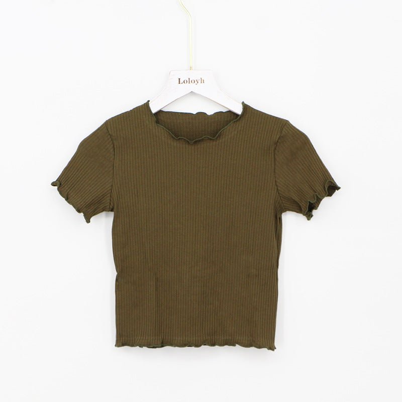 2025 Summer American Style Fashion Retro Ruffle Edge Slim Short Sleeve T-shirt - Negative Apparel