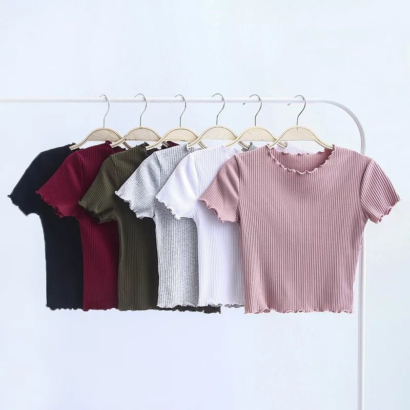 2025 Summer American Style Fashion Retro Ruffle Edge Slim Short Sleeve T-shirt - Negative Apparel