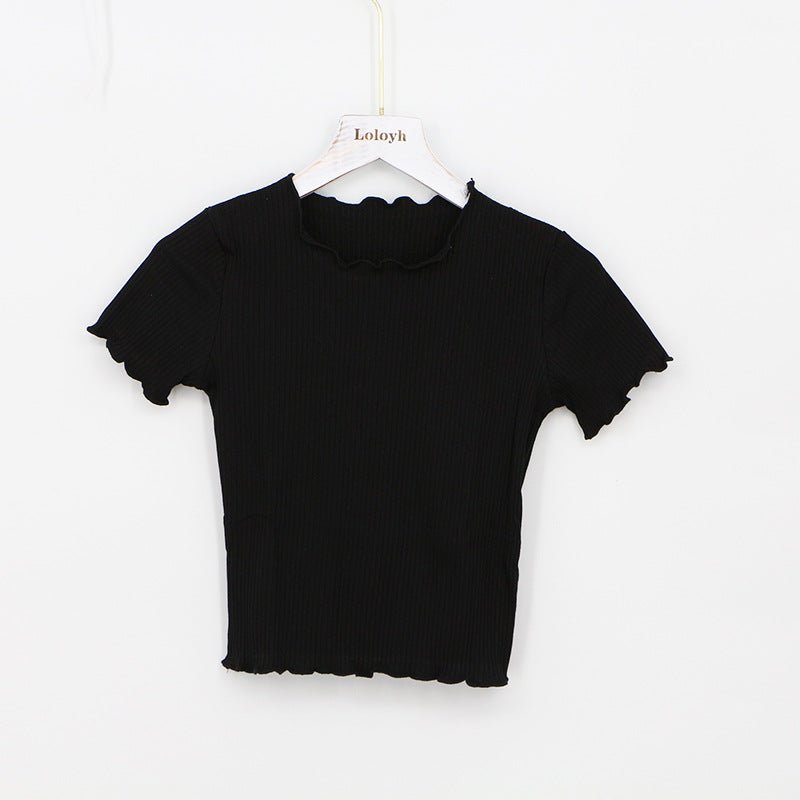 2025 Summer American Style Fashion Retro Ruffle Edge Slim Short Sleeve T-shirt - Negative Apparel