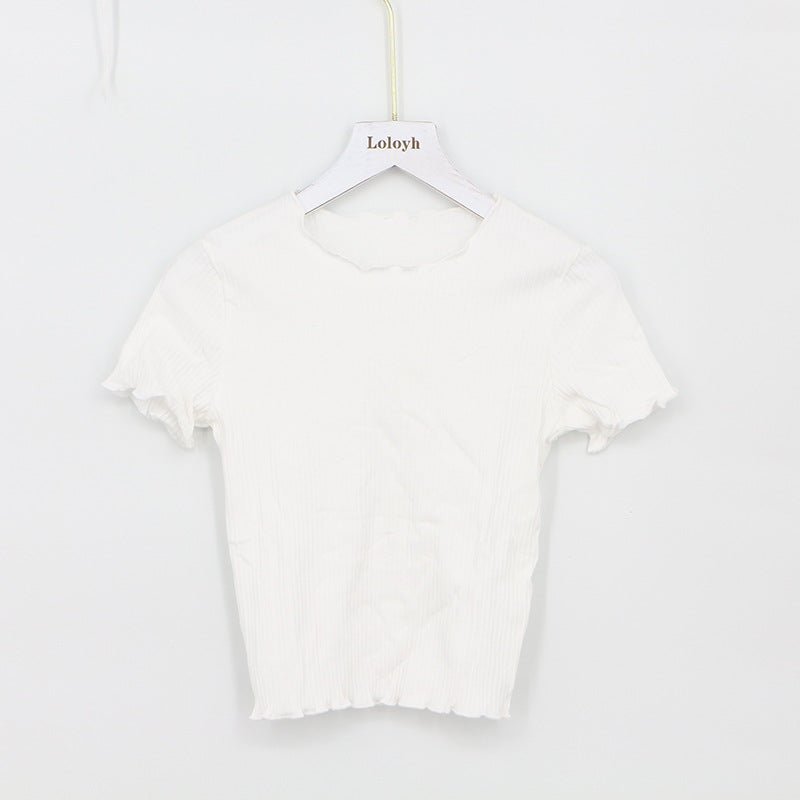 2025 Summer American Style Fashion Retro Ruffle Edge Slim Short Sleeve T-shirt - Negative Apparel