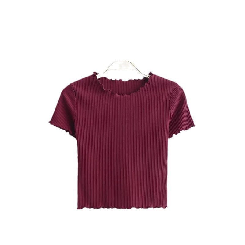 2025 Summer American Style Fashion Retro Ruffle Edge Slim Short Sleeve T-shirt - Negative Apparel