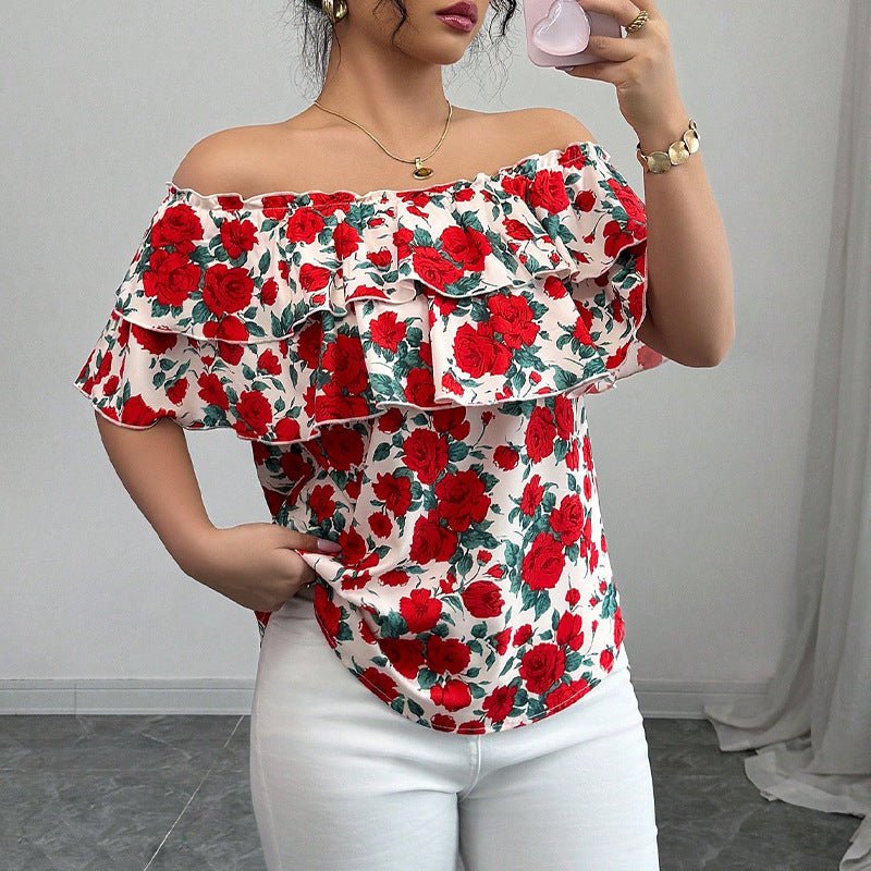 2025 summer an and n holiday style one - shoulder short - sleeved shirt double - layer ruffled women's clothing - Negative Apparel