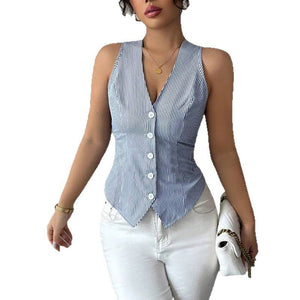 2025 summer an and n temperament striped small vest sleeveless cardigan top YDX1106 - Negative Apparel